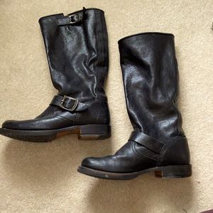 Frye leather black tall riding boots, low heel